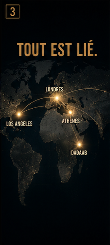 Carte reliant Londres, Los Angeles, Athènes et Dadaab