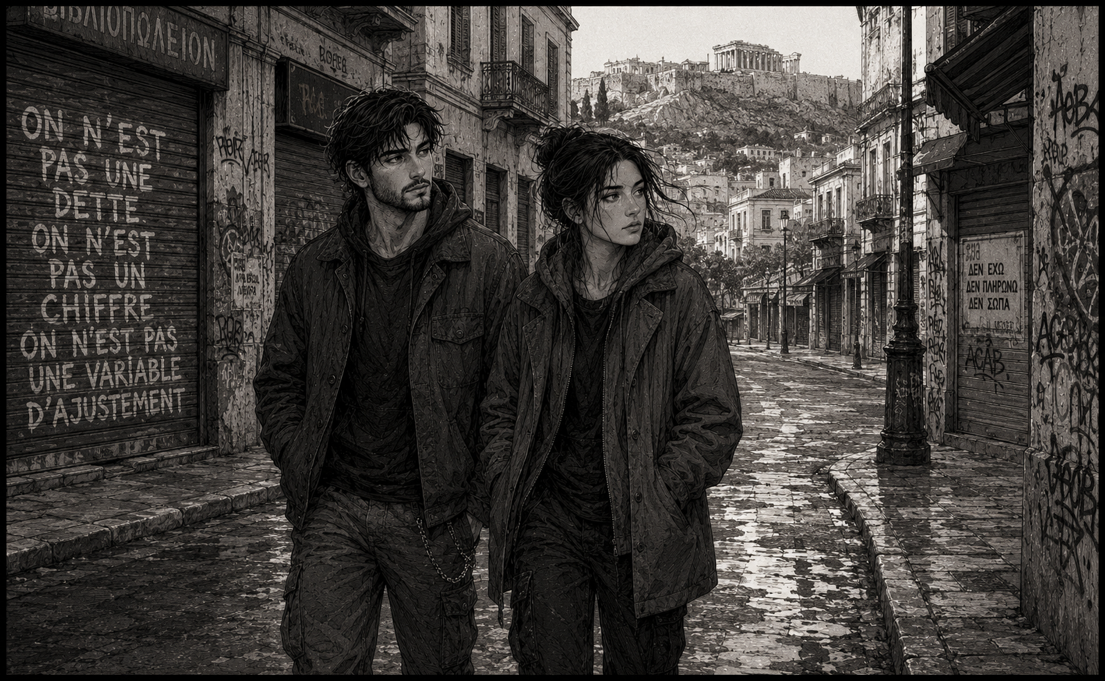 Nikos et Rinaé marchant dans les rues d'Athènes