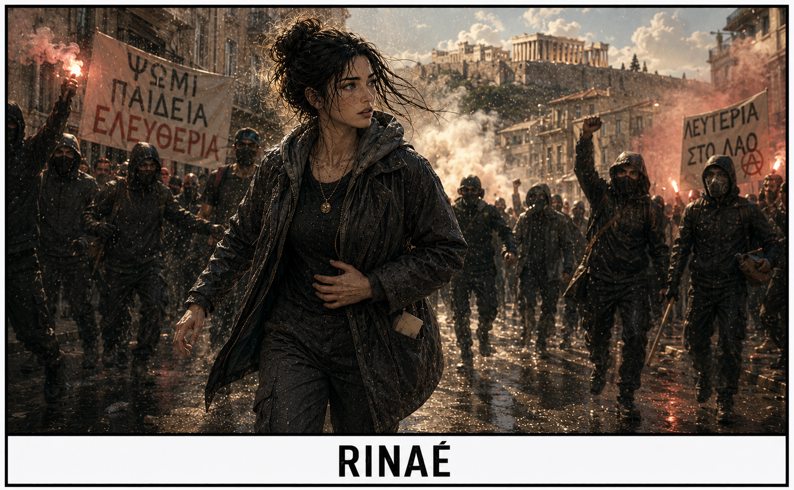 Rinaé au milieu d'une manifestation à Athènes