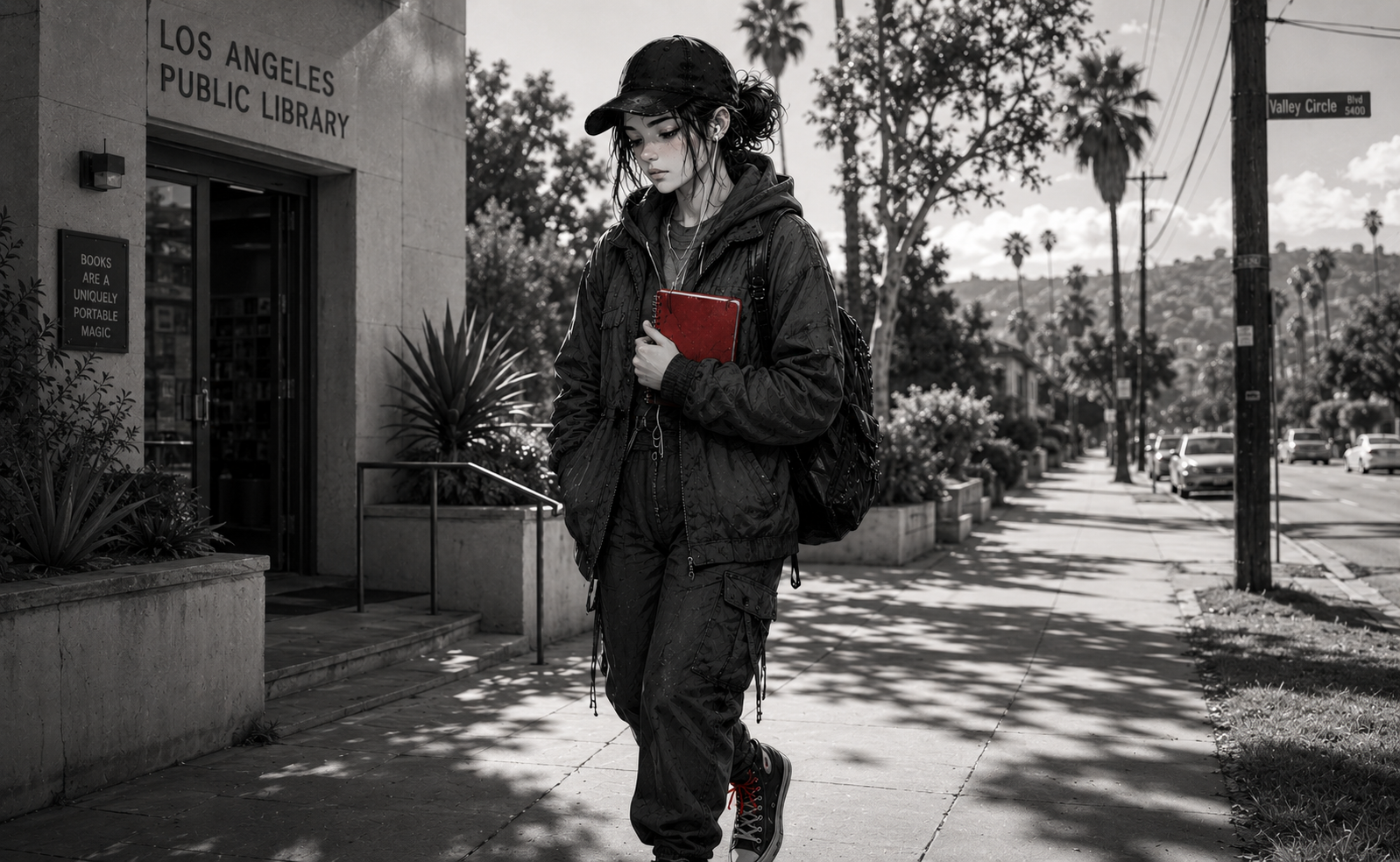 Sarah devant son lycée à Los Angeles avec son carnet rouge
