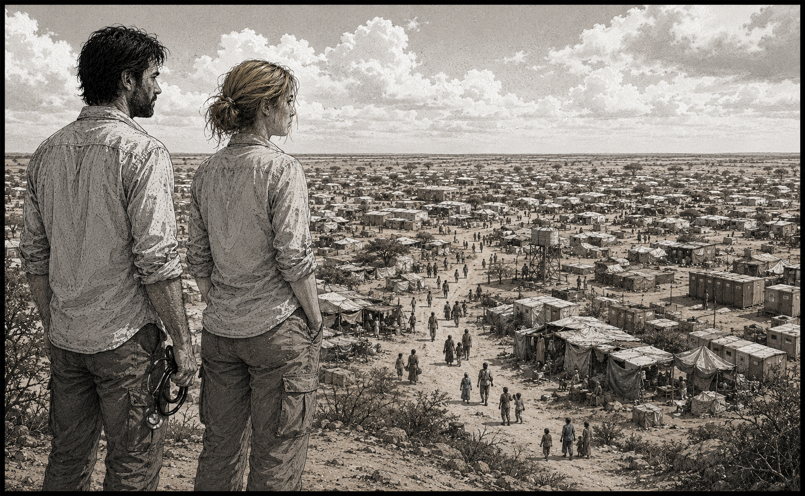 Sophie et Marc observant le camp de réfugiés de Dadaab au Kenya